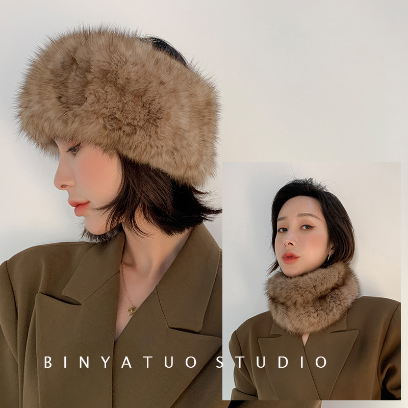 女士编织弹力皮草两用发箍围巾