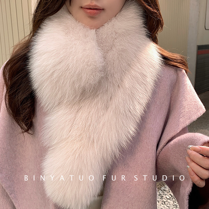 狐狸毛整皮条纹加宽围巾 冬季女士真皮草披肩保暖大围脖 气质毛领