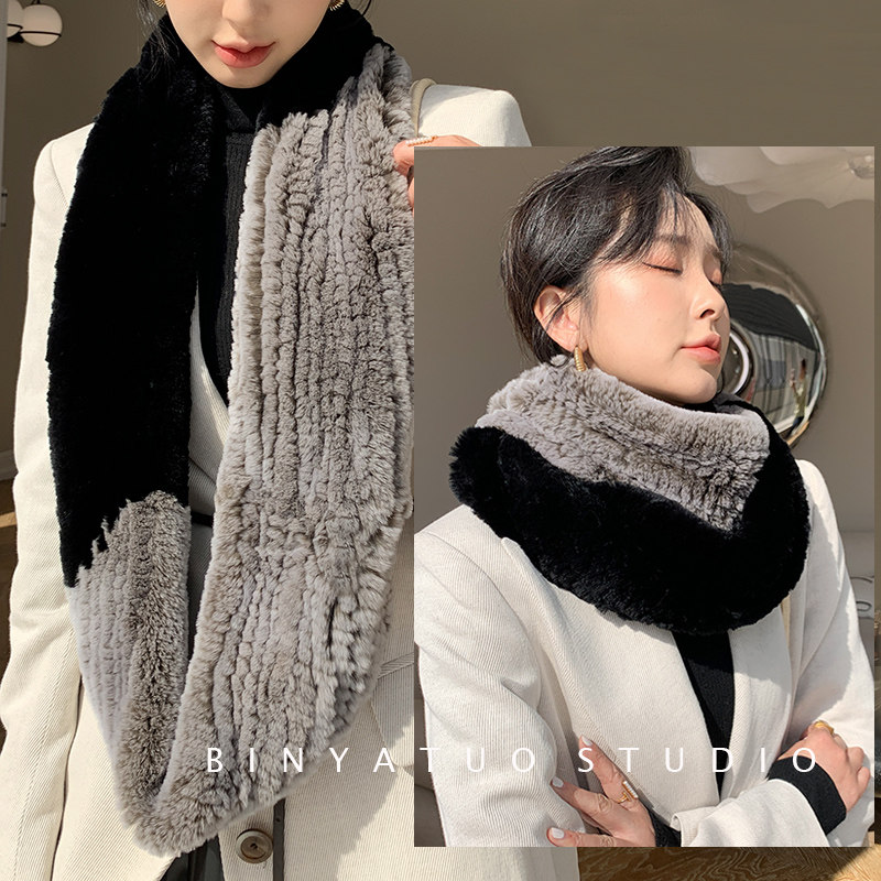 宾雅图 獭兔毛大尺寸皮草长款拼色双圈围脖 冬季套头保暖围巾脖套