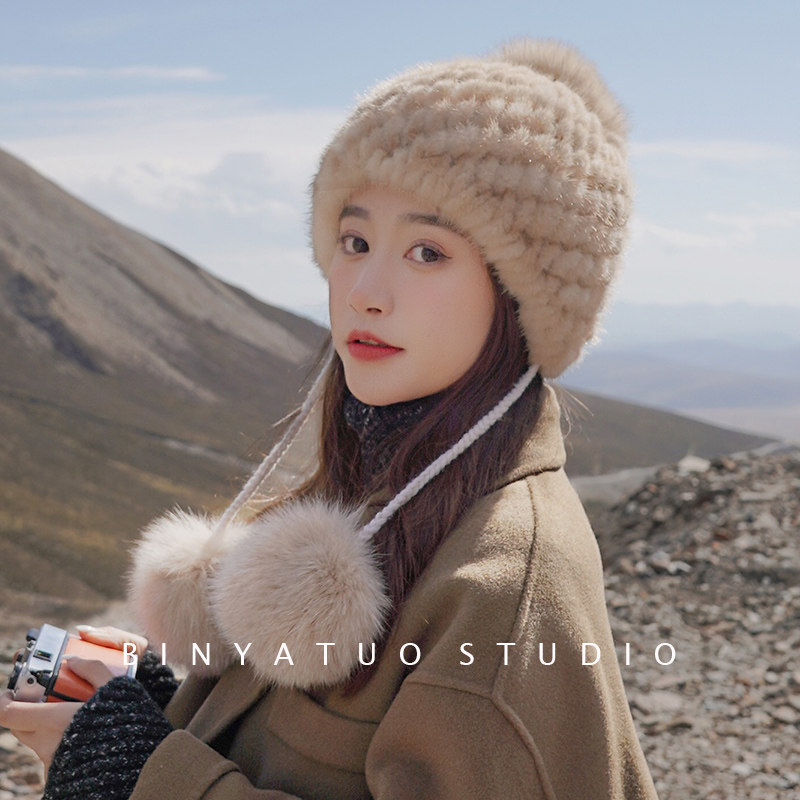 冬季新款水貂毛帽子 狐狸毛球可爱护耳保暖帽毛线加厚皮草女帽