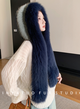 走秀款普鲁士蓝~狐狸毛风雪帽冬季保暖旅行围巾帽子真皮草披肩女