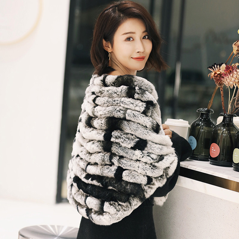 獭兔毛三角披肩 秋冬女士青紫蓝真毛斗篷皮草围巾坎肩保暖大围脖