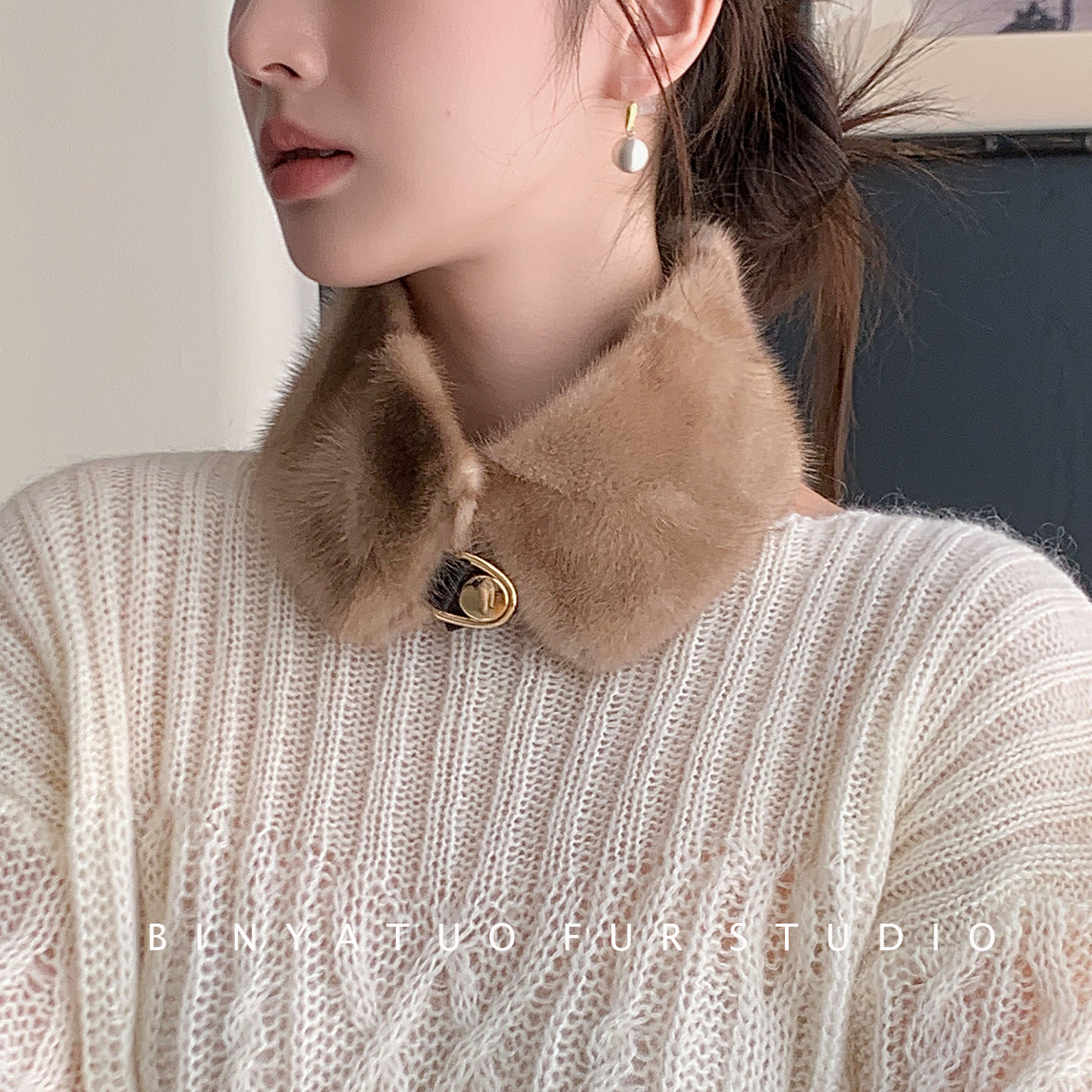 宾雅图 气质短款水貂皮草围巾 秋冬女士双面貂皮围脖短款脖套原色