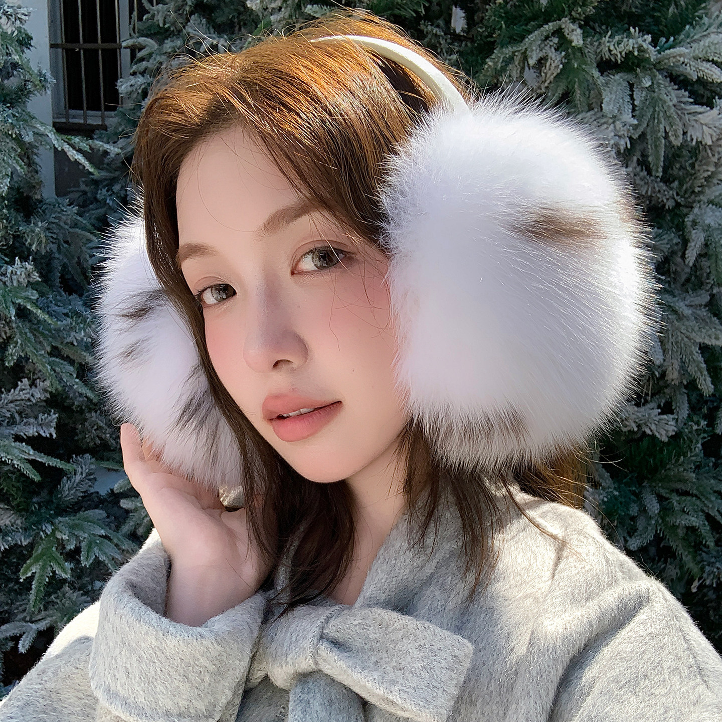 宾雅图2025新款狐狸毛耳罩白色显脸小真毛毛耳包冬季保暖耳捂暖耳