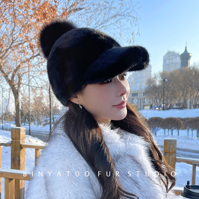 可爱韩版休闲水貂毛貂皮皮草帽子 冬季女士鸭舌帽狐狸毛球 骑士帽