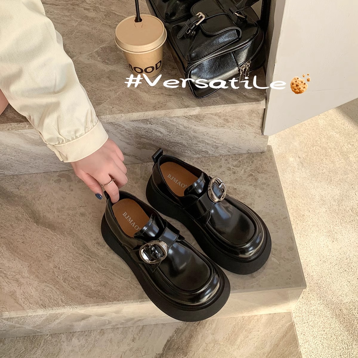 伯爵猫增高厚底小皮鞋女2025春季新款学院风乐福鞋魔术贴百搭单鞋