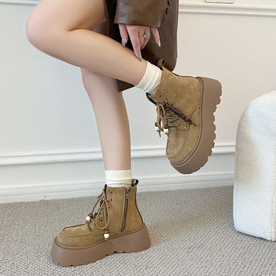 棕色厚底马丁靴女2025秋冬季新款加绒单靴复古英伦风大头勃肯短靴