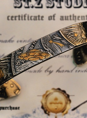 STZ原创美国摩根银币手镯Out'Space镶金雕刻复古手工银饰CBAM05