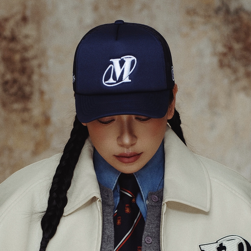 顽童MJFRESH 蓝色刺绣镂空帽子美式复古百搭卡车帽男女同款