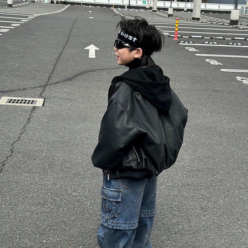 男童加棉皮衣冬季新款中大童男孩假两件连帽夹克儿童保暖机车棉衣