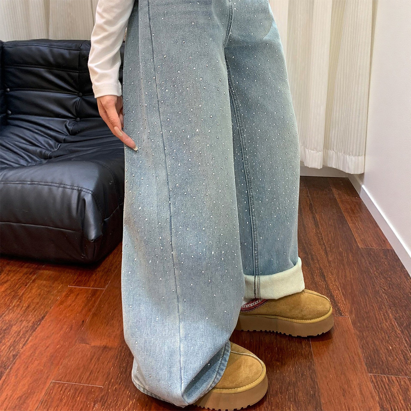 蓝色满天星烫钻阔腿牛仔裤女秋冬加绒加厚胖妹妹mm高腰显瘦直筒裤,女装/女士精品,大码裤装,淘宝优惠券,粉丝福利购,淘宝优惠卷