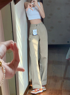 卡其色直筒牛仔裤女秋冬新款胖妹妹mm高腰显瘦阔腿裤梨型身材裤子