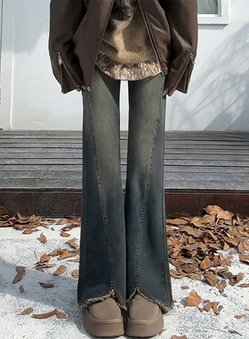 复古蓝毛边微喇牛仔裤女秋冬加绒胖妹妹mm高腰遮胯显瘦弹力直筒裤