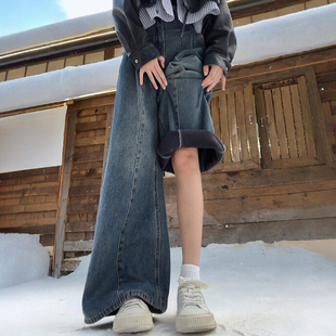 胖妹妹mm梨型身材高腰宽松显瘦阔腿长裤 新款 女冬季 加绒加厚牛仔裤