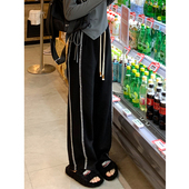 黑色条纹休闲裤 子 女秋冬新款 胖妹妹mm高腰宽松显瘦百搭垂感阔腿裤