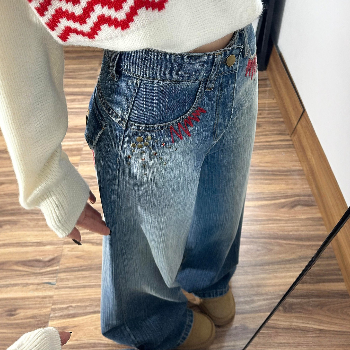 美式复古刺绣直筒牛仔裤女冬季加绒加厚胖mm高腰宽松显瘦阔腿长裤,女装/女士精品,大码裤装,淘宝优惠券,粉丝福利购,淘宝优惠卷