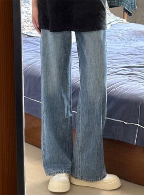 复古蓝直筒牛仔裤女秋冬加绒胖妹妹mm高腰宽松显瘦梨型身材阔腿裤