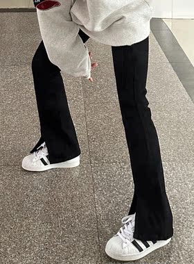 黑色微喇开叉牛仔裤女秋冬新款胖妹妹mm高腰宽松显瘦直筒阔腿长裤
