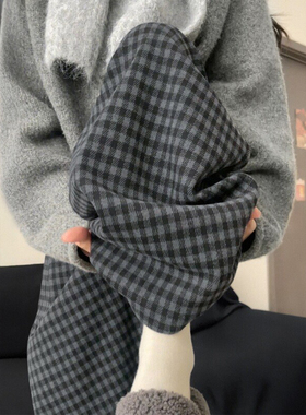 黑灰色格子裤女秋冬加绒胖妹妹mm梨型身材高腰宽松显瘦阔腿休闲裤