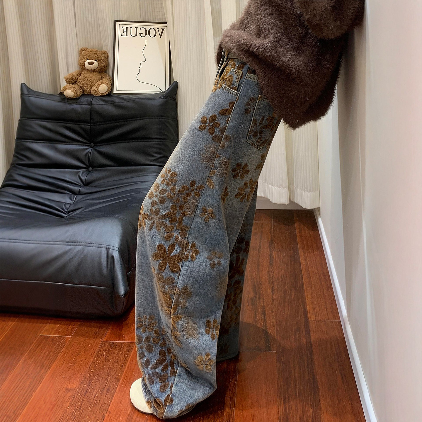 美式复古提花阔腿牛仔裤女春季胖妹妹mm设计感高腰宽松显瘦弯刀裤,女装/女士精品,大码裤装,淘宝优惠券,粉丝福利购,淘宝优惠卷