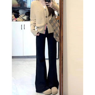 黑色微喇牛仔裤 女秋冬加绒胖妹妹mm梨型身材高腰显瘦弹力直筒长裤