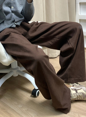 深咖色牛仔裤女秋冬加绒胖妹妹mm高腰宽松显瘦阔腿裤梨型身材裤子