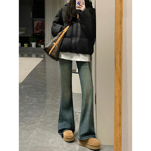 女秋冬加绒胖妹妹mm梨型身材高腰弹力显瘦长裤 美式 复古微喇牛仔裤