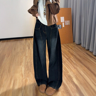 胖妹妹mm高腰宽松显瘦阔腿长裤 女秋冬新款 复古刺绣弯刀牛仔裤 美式