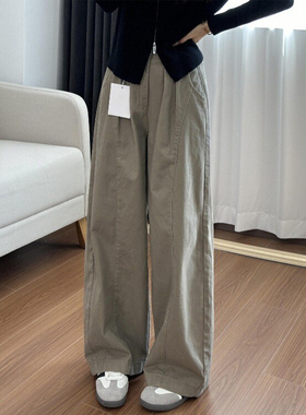 美式卡其色工装裤女秋冬新款胖妹妹mm高腰遮胯显瘦弯刀阔腿休闲裤