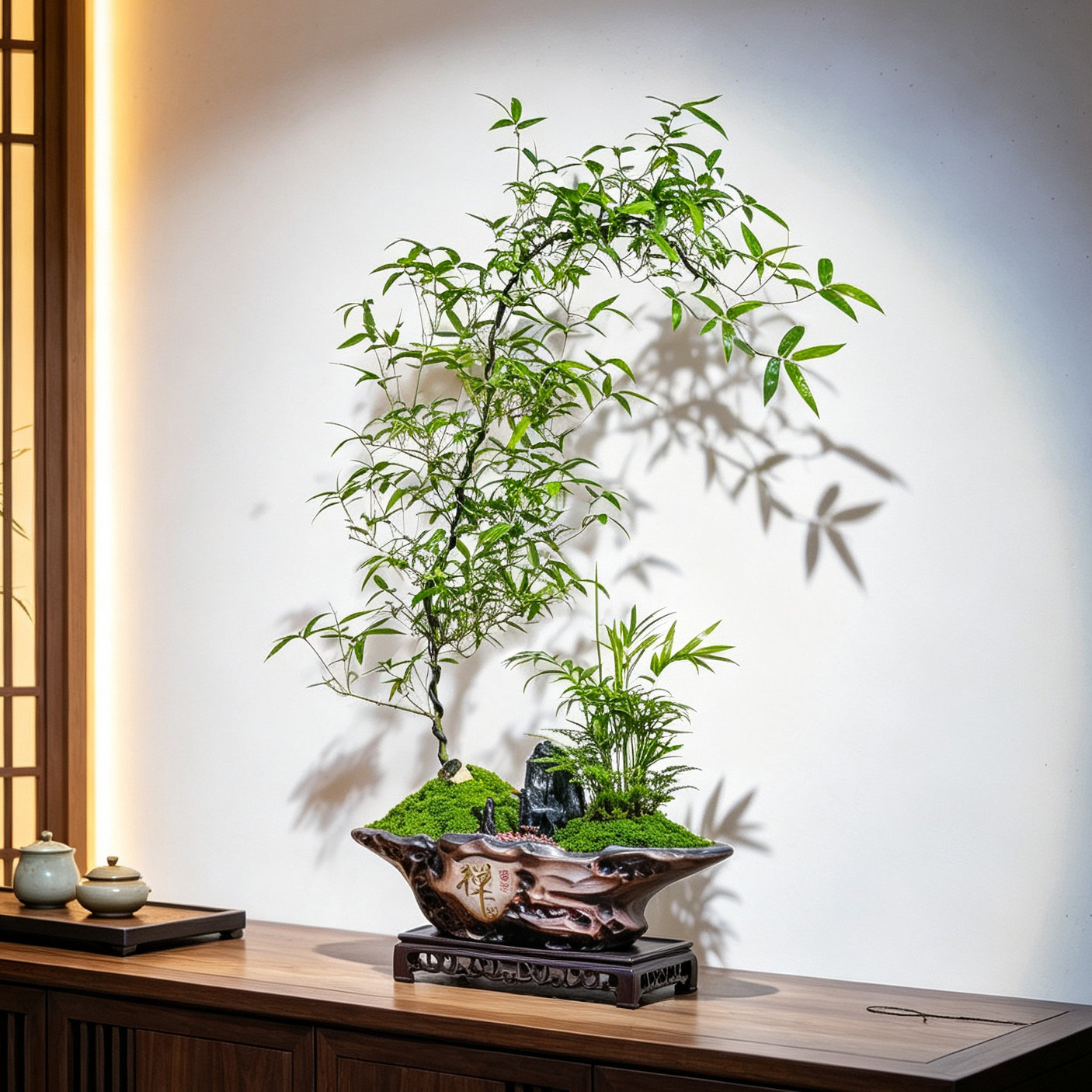 小叶簕竹桌面山石盆景送礼品领导老师办公室内茶桌摆件绿植物盆栽