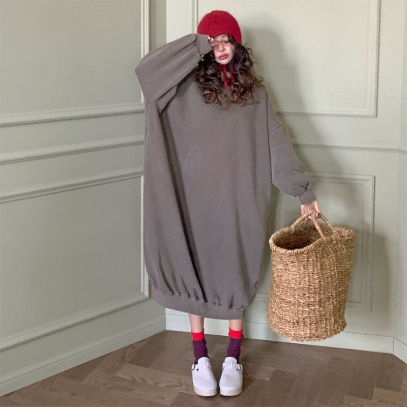 韩国纯色宽松长袖圆领长款连衣裙