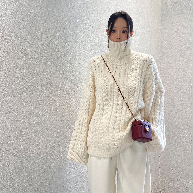 韩国代购女装G2025冬款纯净气质高领麻花纹时髦宽松潮款针织衫