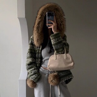 韩国正品女装2025冬季新款条纹直筒毛绒毛毛帽领连帽长袖休闲外套