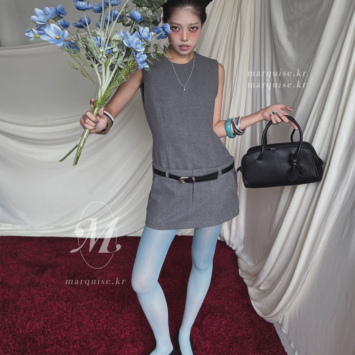 毛呢直筒显瘦无袖腰带连衣裙短裙