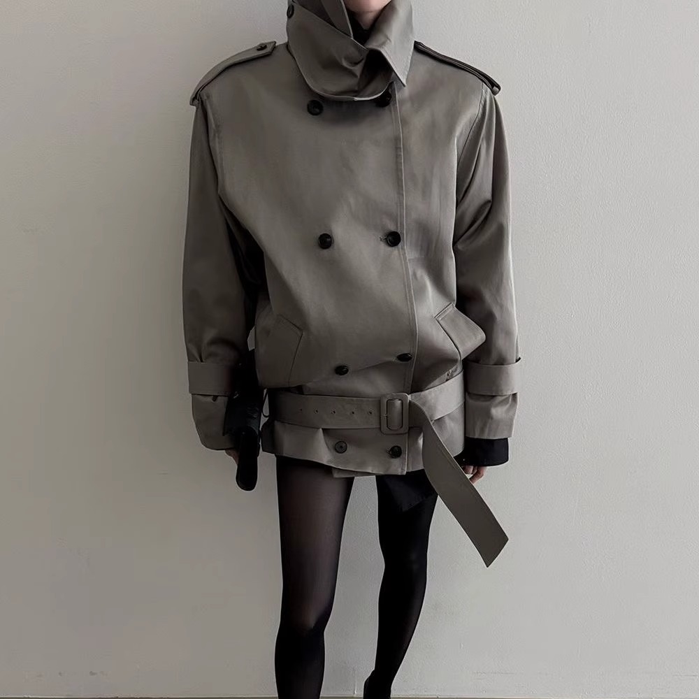 立领英伦风双排扣系带干练短外套