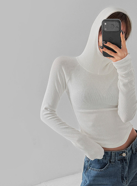 韩国正品女装LAG2025冬季新款时尚通勤纯色修身连帽长袖休闲短T恤