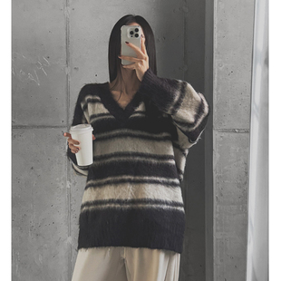 新款 LAG2025冬季 时尚 宽松条纹拼色长袖 韩国正品 V领中长针织衫 女装