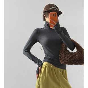 新款 LAG2025冬季 时尚 修身 休闲短T恤 韩国正品 纯色通勤高领长袖 女装