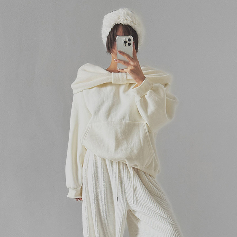 韩国正品女装LAG2025冬季新款时尚通勤纯色宽松加绒连帽长袖卫衣