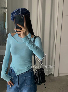 韩国代购女装2024秋VERANDA不对称下摆假两件长袖修身镂空T恤