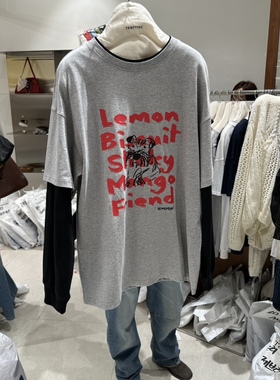 韩国代购女装2025秋款TEMPTING潮款假两件拼接印花长袖宽松T恤