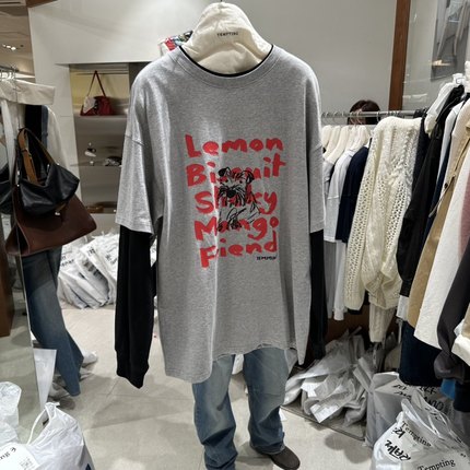 韩国代购女装2025秋款TEMPTING潮款假两件拼接印花长袖宽松T恤