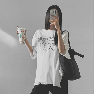 新款 LAG2025冬季 时尚 直筒心形字母圆领短袖 T恤 韩国正品 中长款 女装