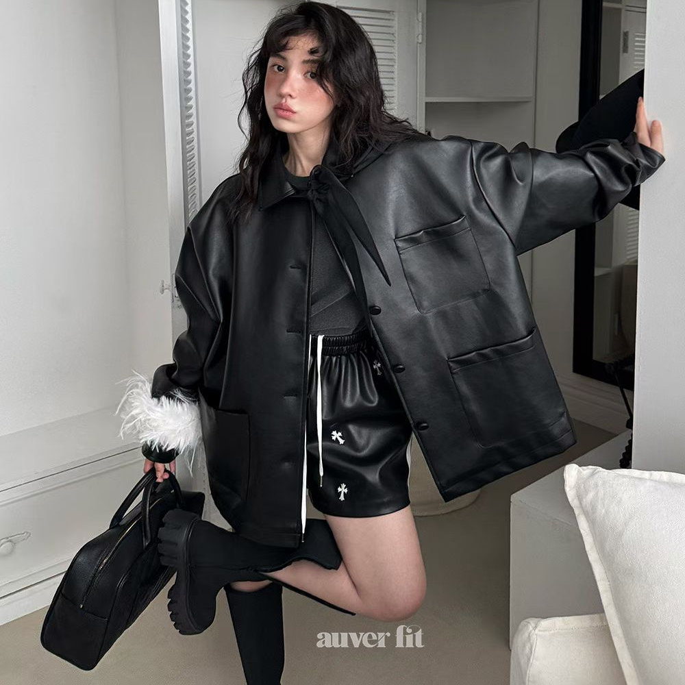 韩国代购女装2025秋款auver_fit宽松廓形口袋翻领连帽PU皮衣外套