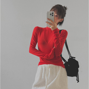 新款 LAG2025冬季 时尚 通勤纯色修身 休闲短T恤 韩国正品 高领长袖 女装