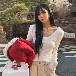 新款 LAG2025冬季 时尚 通勤纯色垫肩长袖 T恤 韩国正品 休闲短款 女装