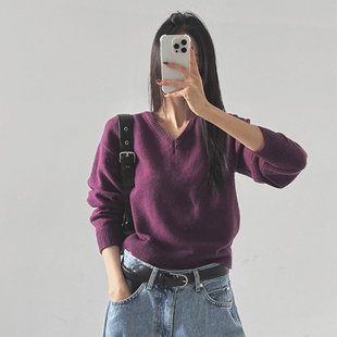 新款 时尚 通勤纯色宽松V领长袖 韩国正品 针织衫 LAG2025冬季 短款 女装