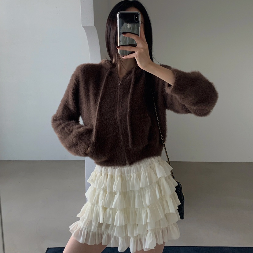 毛绒拉链连帽纯色针织开衫外套