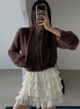 韩国代购女装2025冬款VERANDA清新毛绒拉链连帽纯色针织开衫外套