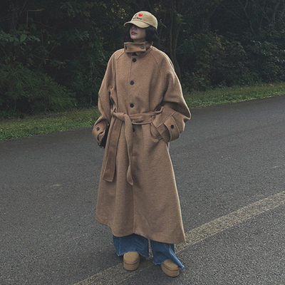 韩国纯色腰带长袖高领毛呢长外套